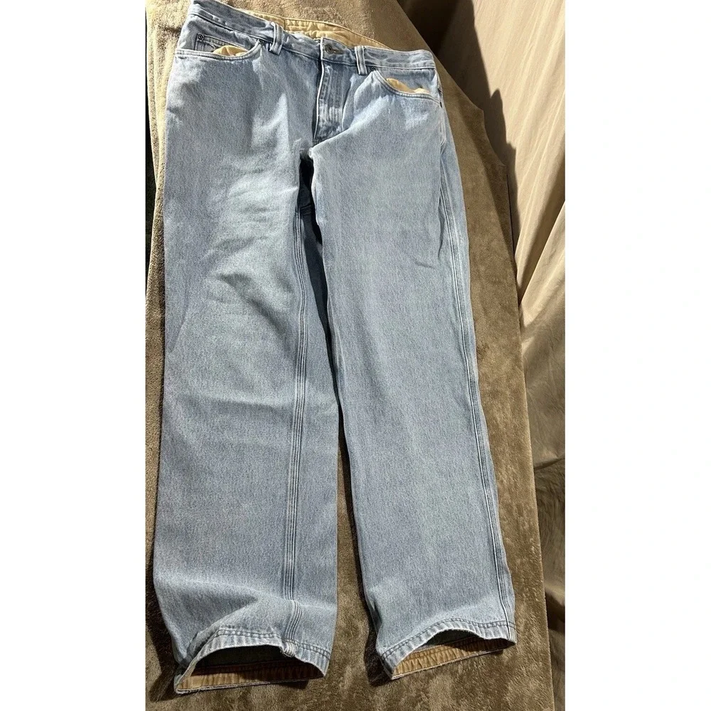 Duluth Trading Co Men's Lined Work Jeans 35x32 Light Wash Blue Heavyweight Denim